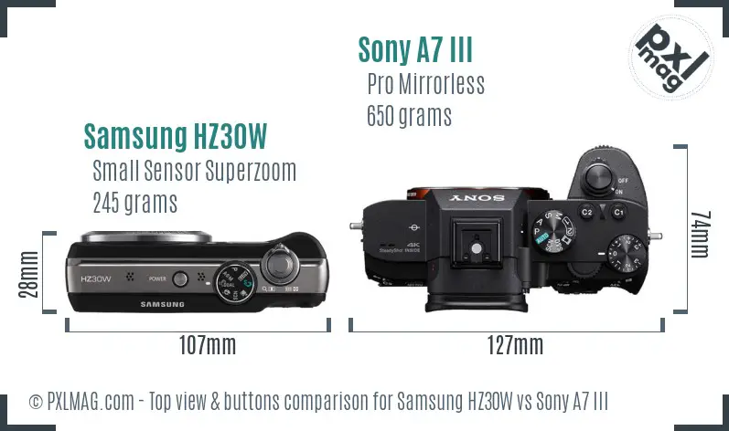 Samsung HZ30W vs Sony A7 III top view buttons comparison