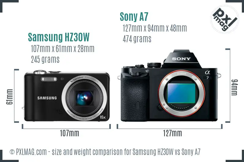 Samsung HZ30W vs Sony A7 size comparison