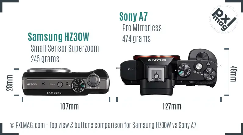 Samsung HZ30W vs Sony A7 top view buttons comparison