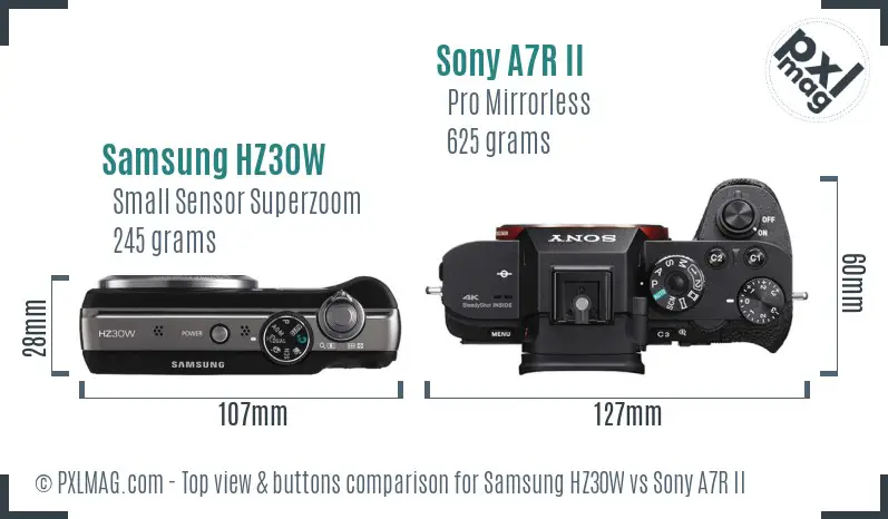 Samsung HZ30W vs Sony A7R II top view buttons comparison