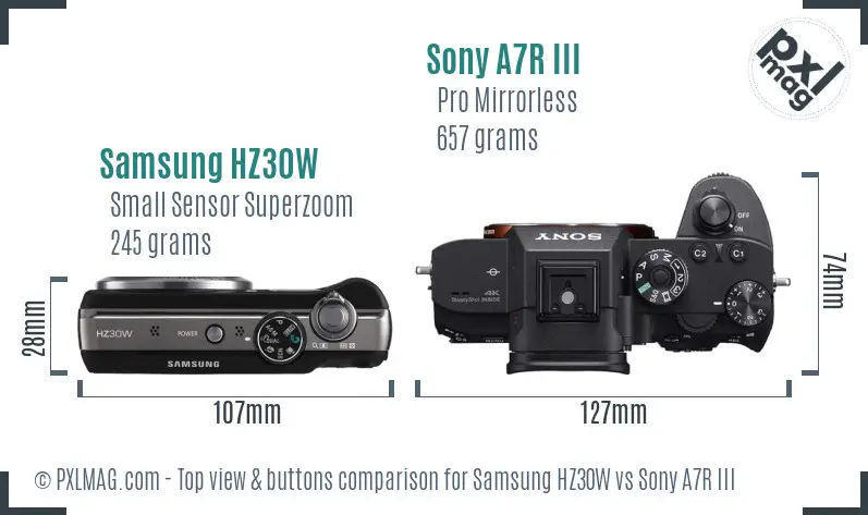 Samsung HZ30W vs Sony A7R III top view buttons comparison