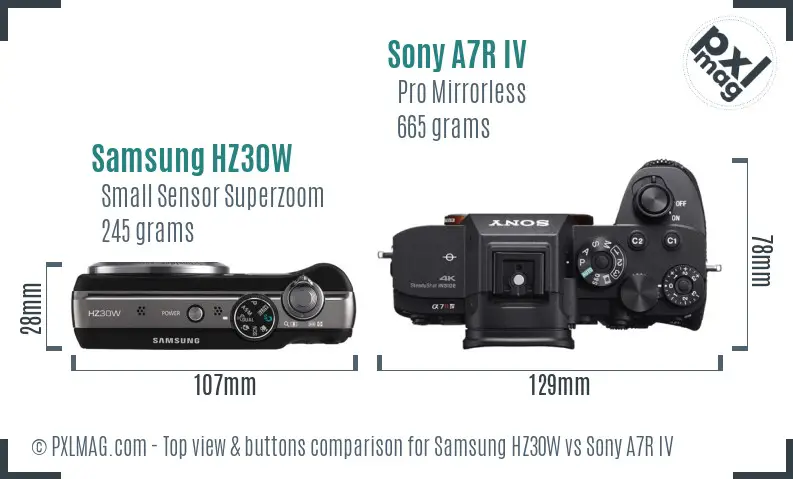 Samsung HZ30W vs Sony A7R IV top view buttons comparison