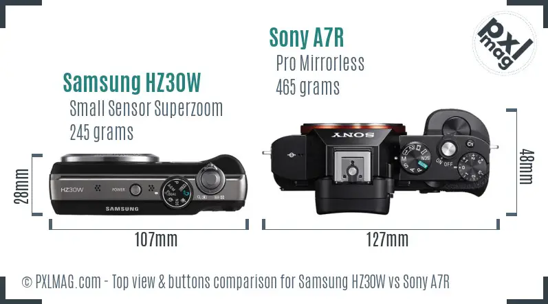 Samsung HZ30W vs Sony A7R top view buttons comparison