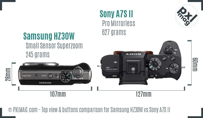 Samsung HZ30W vs Sony A7S II top view buttons comparison