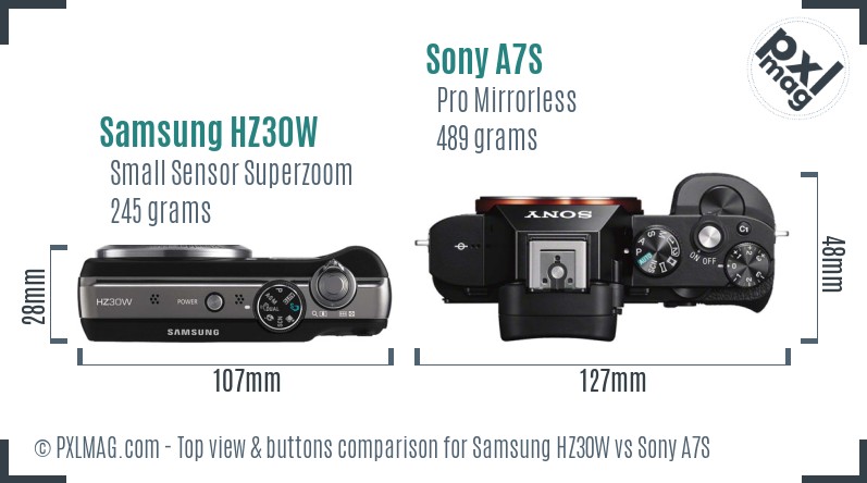 Samsung HZ30W vs Sony A7S top view buttons comparison