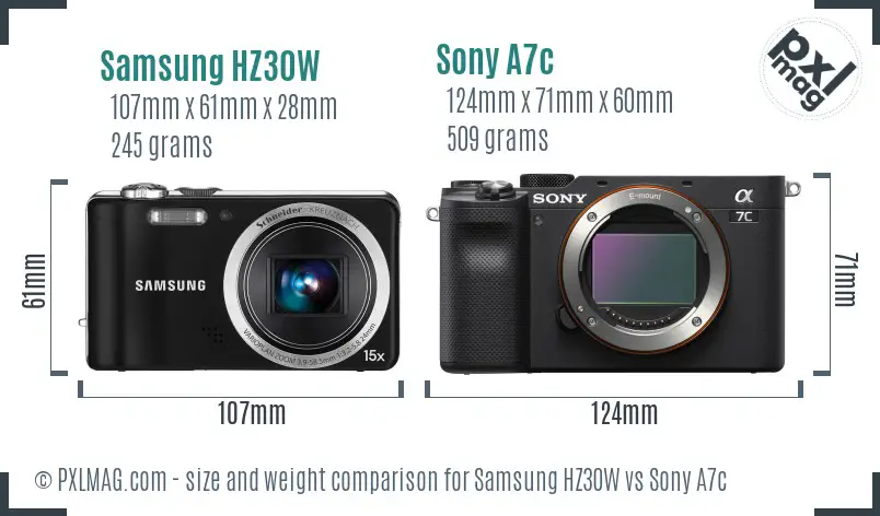 Samsung HZ30W vs Sony A7c size comparison