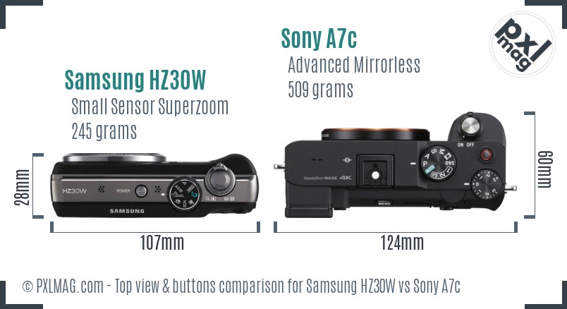Samsung HZ30W vs Sony A7c top view buttons comparison