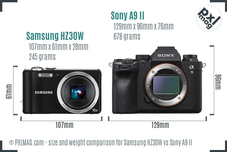 Samsung HZ30W vs Sony A9 II size comparison