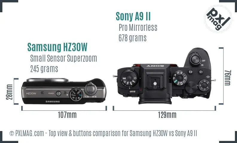 Samsung HZ30W vs Sony A9 II top view buttons comparison