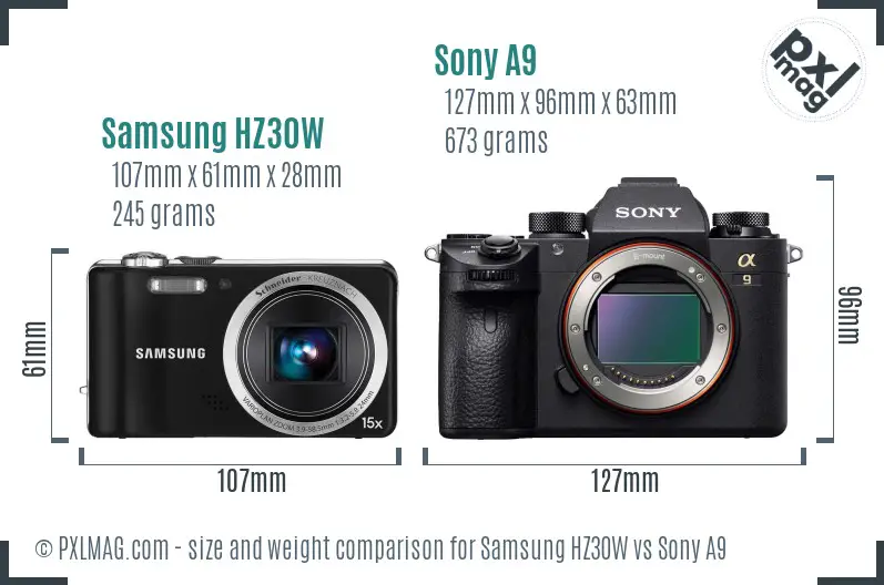 Samsung HZ30W vs Sony A9 size comparison