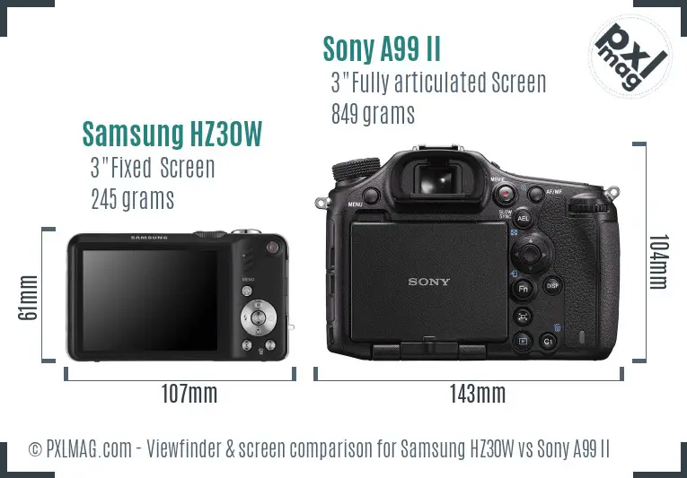 Samsung HZ30W vs Sony A99 II Screen and Viewfinder comparison