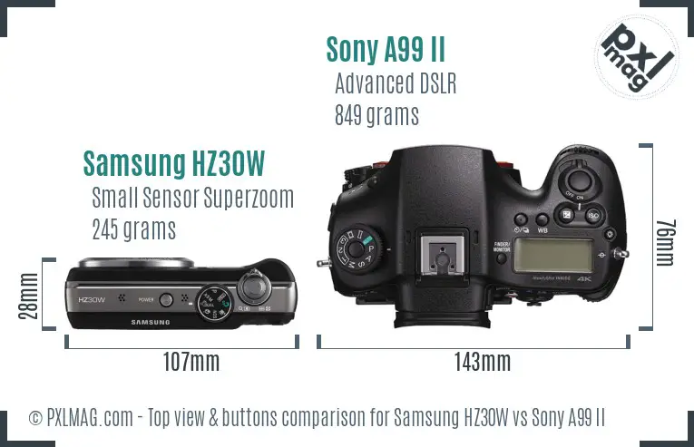 Samsung HZ30W vs Sony A99 II top view buttons comparison