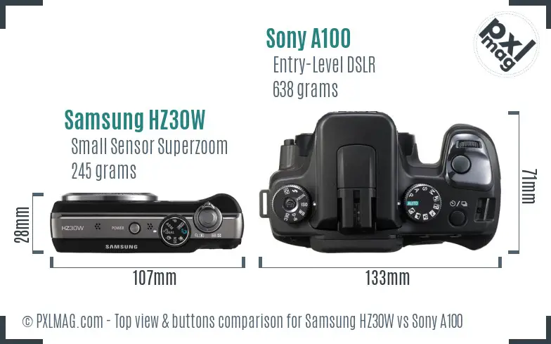 Samsung HZ30W vs Sony A100 top view buttons comparison