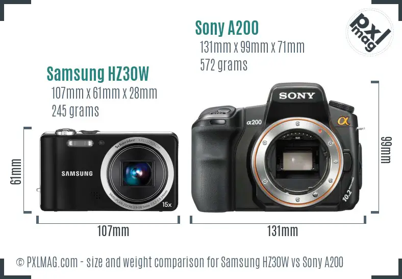 Samsung HZ30W vs Sony A200 size comparison