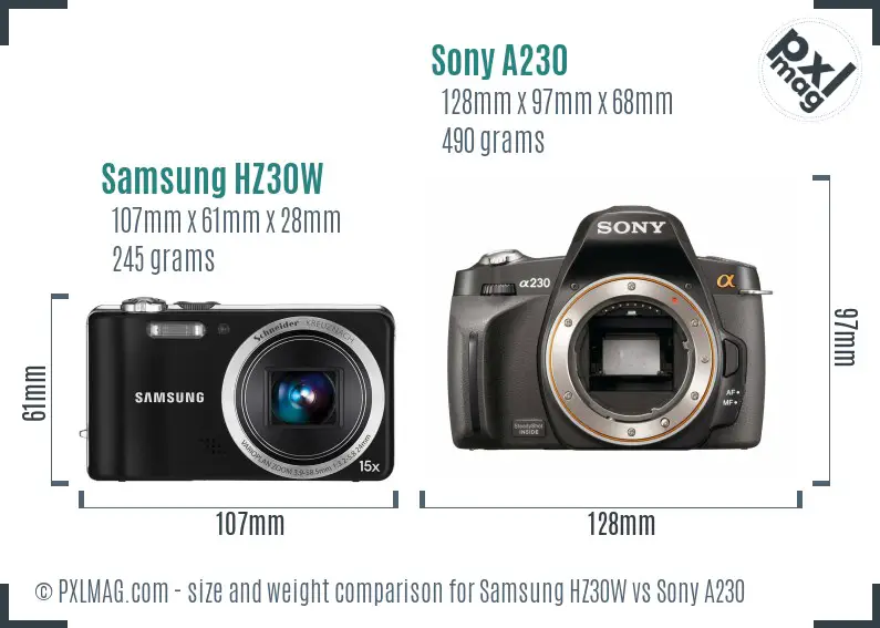 Samsung HZ30W vs Sony A230 size comparison
