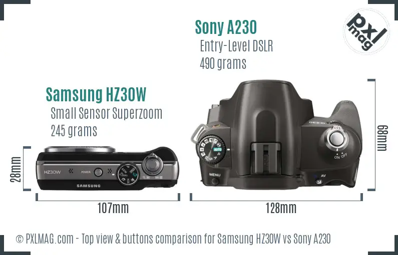 Samsung HZ30W vs Sony A230 top view buttons comparison