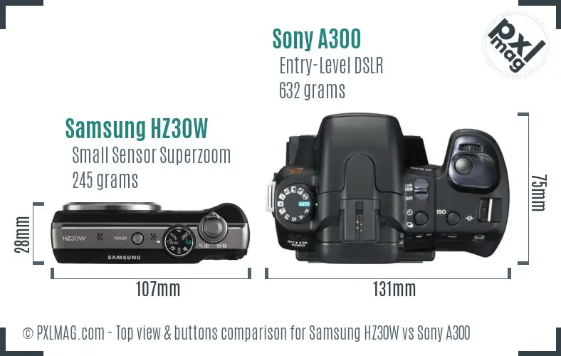 Samsung HZ30W vs Sony A300 top view buttons comparison