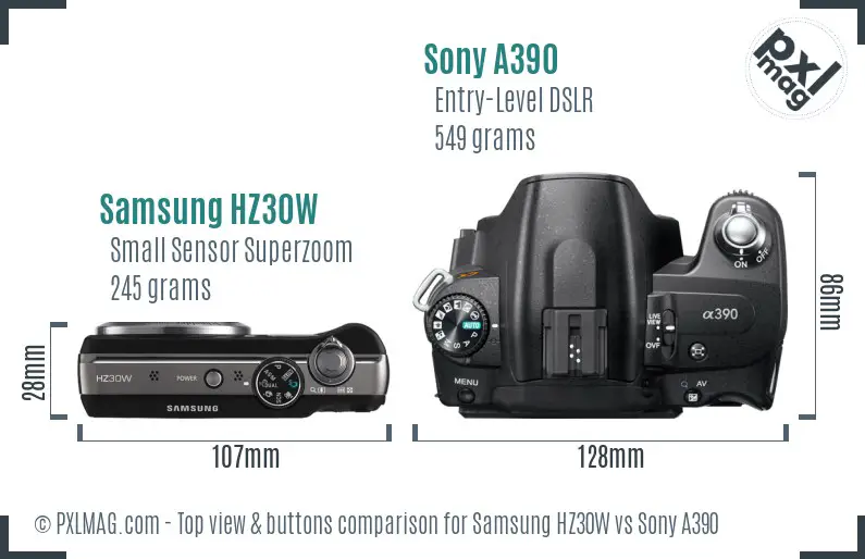 Samsung HZ30W vs Sony A390 top view buttons comparison