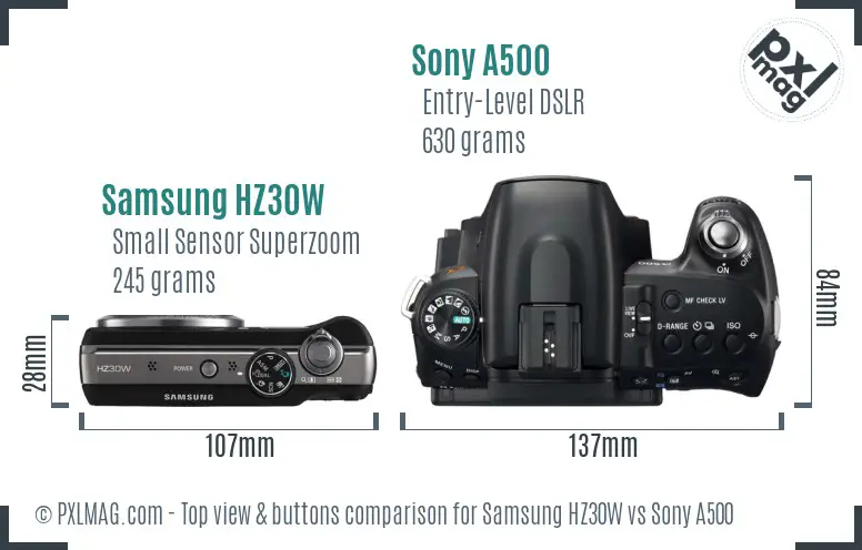 Samsung HZ30W vs Sony A500 top view buttons comparison