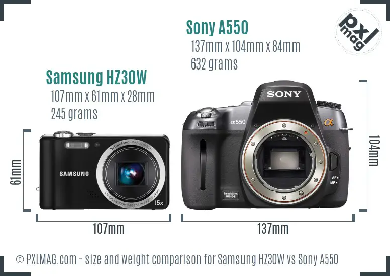 Samsung HZ30W vs Sony A550 size comparison
