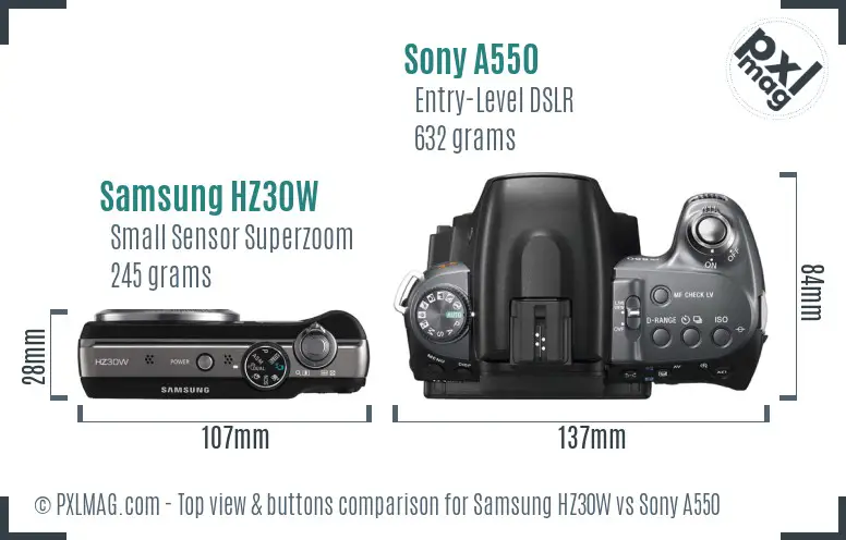 Samsung HZ30W vs Sony A550 top view buttons comparison