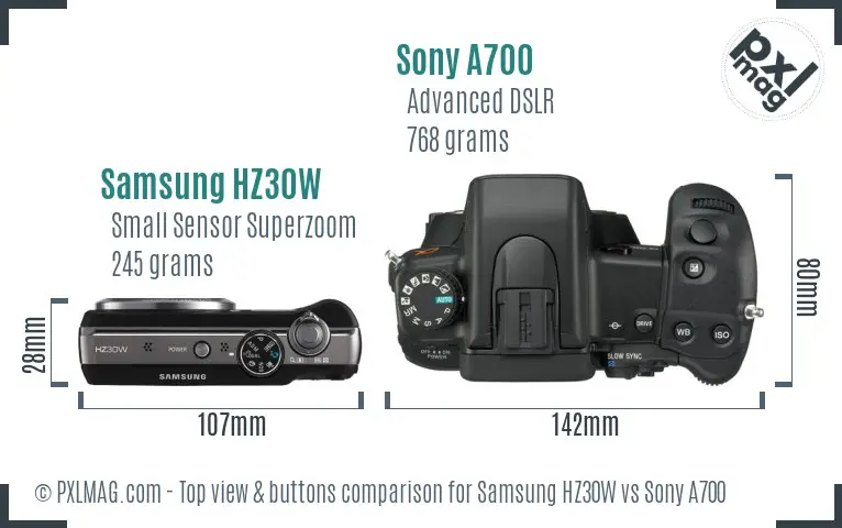 Samsung HZ30W vs Sony A700 top view buttons comparison
