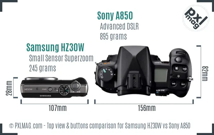Samsung HZ30W vs Sony A850 top view buttons comparison