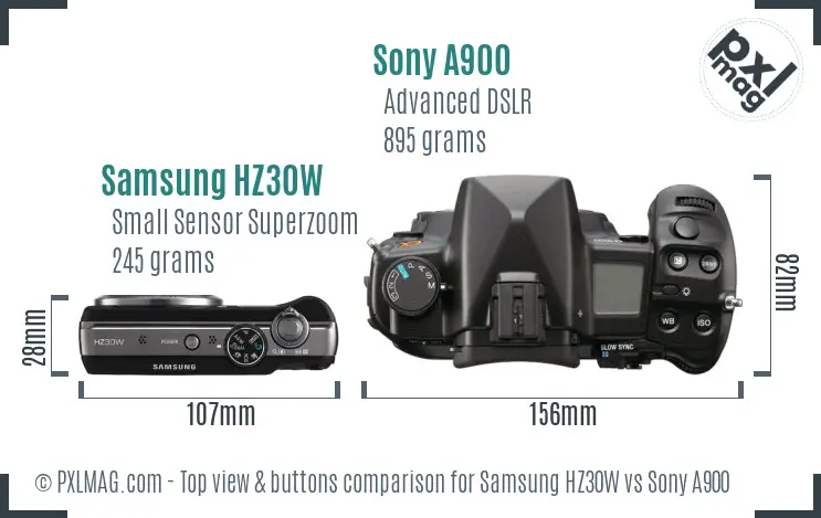 Samsung HZ30W vs Sony A900 top view buttons comparison