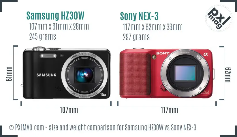 Samsung HZ30W vs Sony NEX-3 size comparison