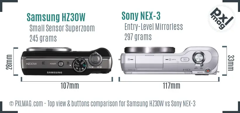Samsung HZ30W vs Sony NEX-3 top view buttons comparison