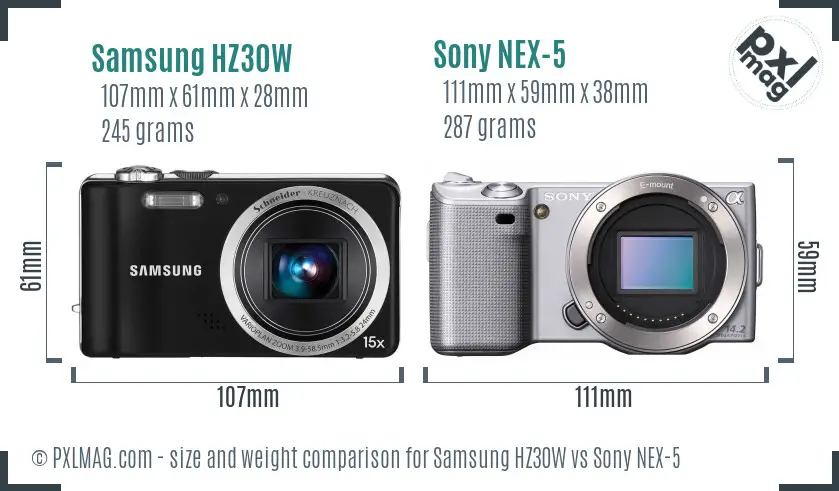 Samsung HZ30W vs Sony NEX-5 size comparison