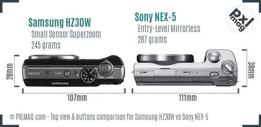 Samsung HZ30W vs Sony NEX-5 top view buttons comparison