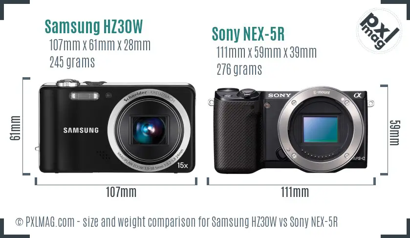 Samsung HZ30W vs Sony NEX-5R size comparison