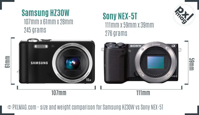 Samsung HZ30W vs Sony NEX-5T size comparison