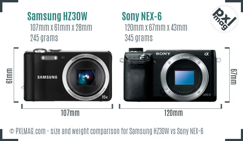 Samsung HZ30W vs Sony NEX-6 size comparison