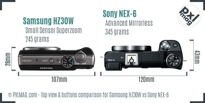Samsung HZ30W vs Sony NEX-6 top view buttons comparison