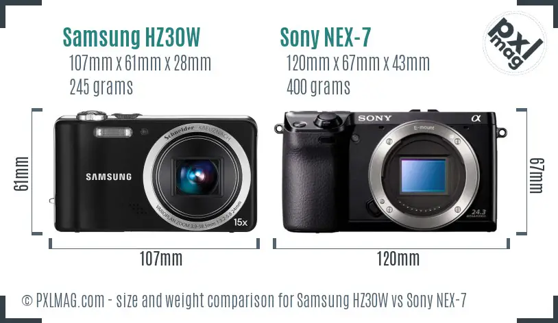 Samsung HZ30W vs Sony NEX-7 size comparison