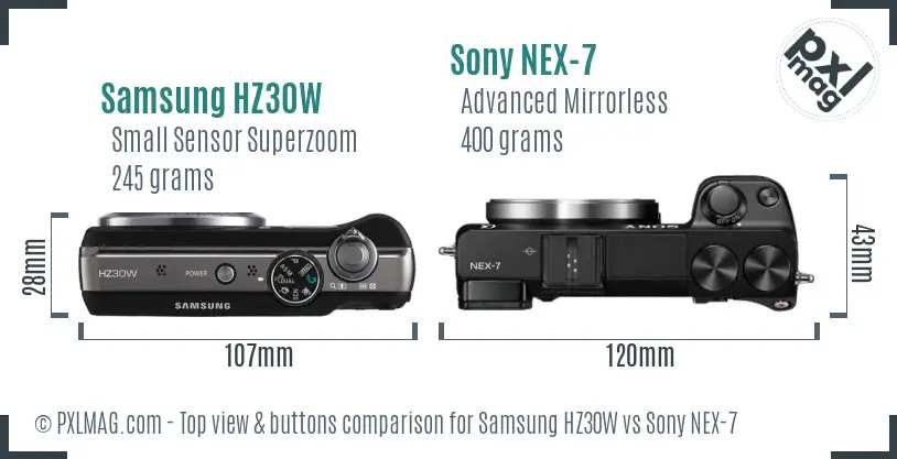 Samsung HZ30W vs Sony NEX-7 top view buttons comparison