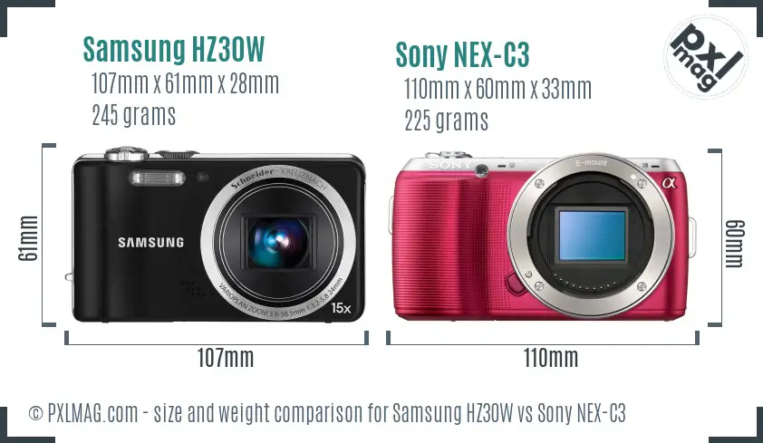 Samsung HZ30W vs Sony NEX-C3 size comparison