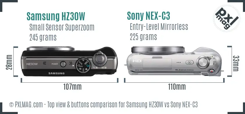 Samsung HZ30W vs Sony NEX-C3 top view buttons comparison