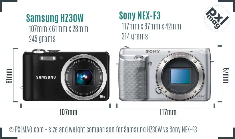 Samsung HZ30W vs Sony NEX-F3 size comparison