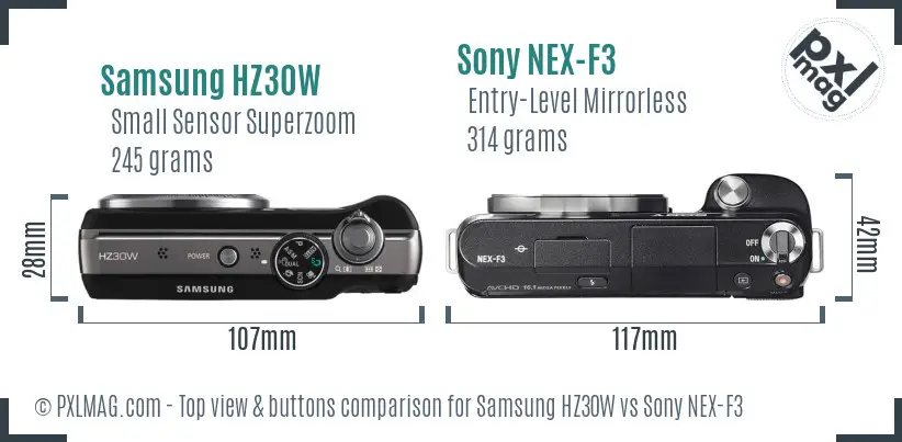 Samsung HZ30W vs Sony NEX-F3 top view buttons comparison