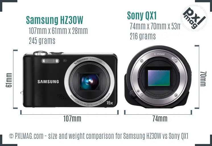 Samsung HZ30W vs Sony QX1 size comparison