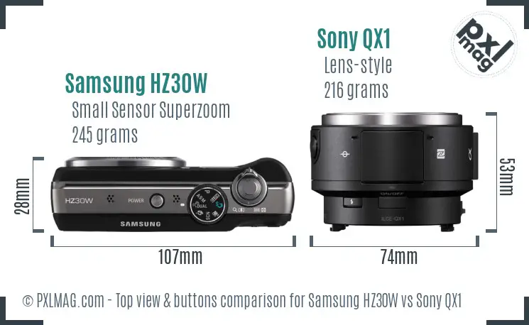 Samsung HZ30W vs Sony QX1 top view buttons comparison