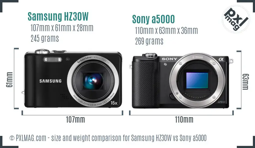 Samsung HZ30W vs Sony a5000 size comparison