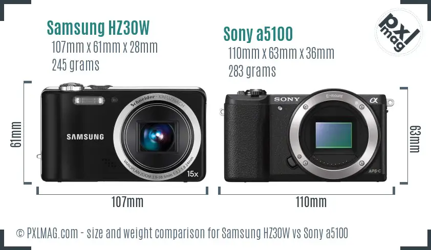 Samsung HZ30W vs Sony a5100 size comparison