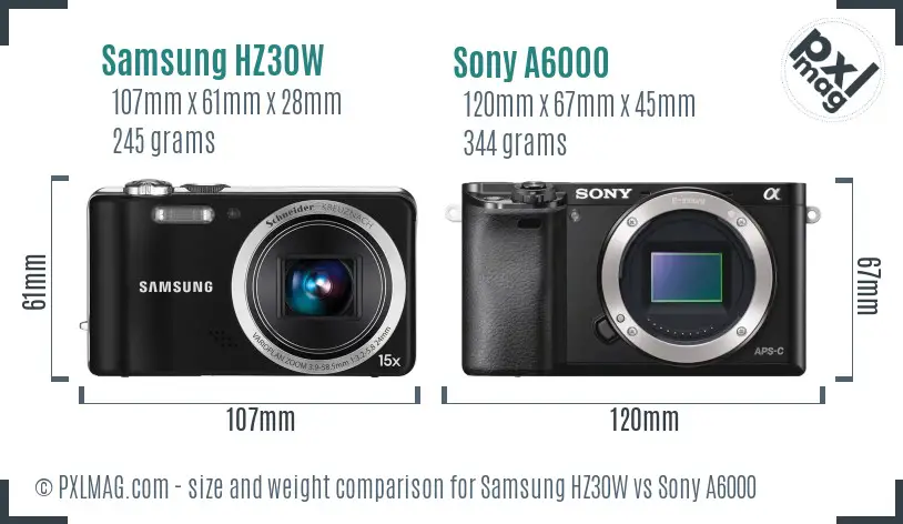 Samsung HZ30W vs Sony A6000 size comparison