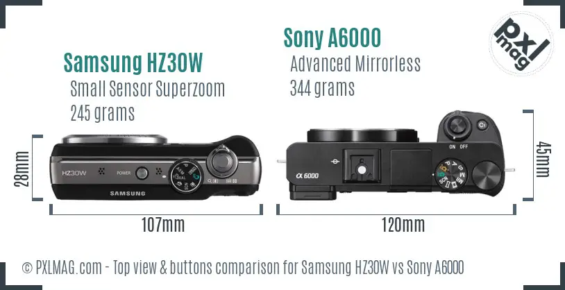 Samsung HZ30W vs Sony A6000 top view buttons comparison