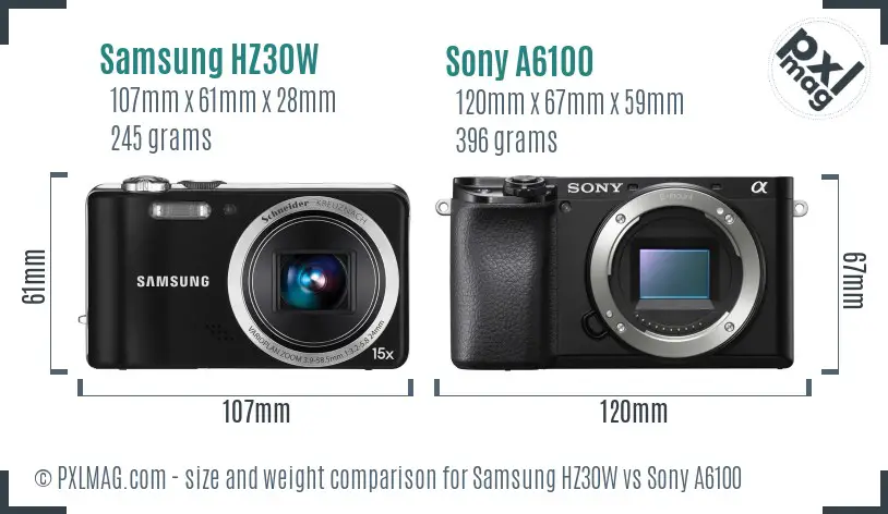 Samsung HZ30W vs Sony A6100 size comparison