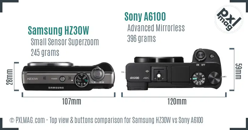 Samsung HZ30W vs Sony A6100 top view buttons comparison